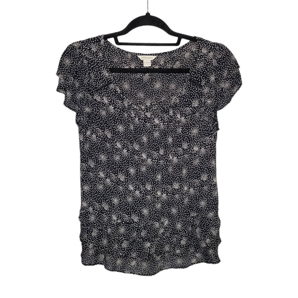 Monsoon Black & White Spotted Ruffled Short Sleeve Blouse Size 10 Career Dressy